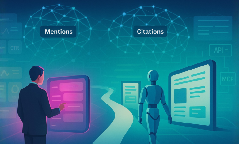 Illustration of a person and robot navigating mentions and citations.