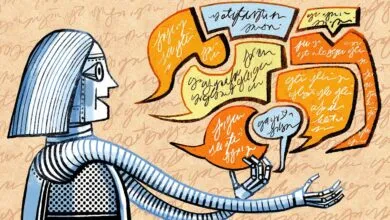 Robot figure surrounded by speech bubbles filled with stylized text.