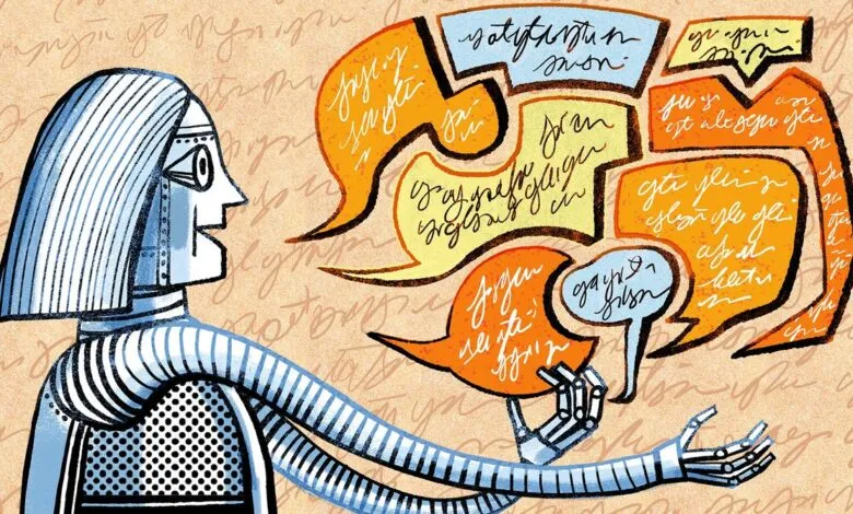 Robot figure surrounded by speech bubbles filled with stylized text.