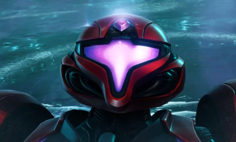 Close-up of Samus Aran's Varia Suit helmet, glowing purple.