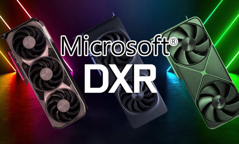 Three graphics cards with Microsoft DXR text overlay, neon lighting.