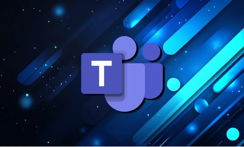 Microsoft Teams logo on a blue abstract background with light streaks.