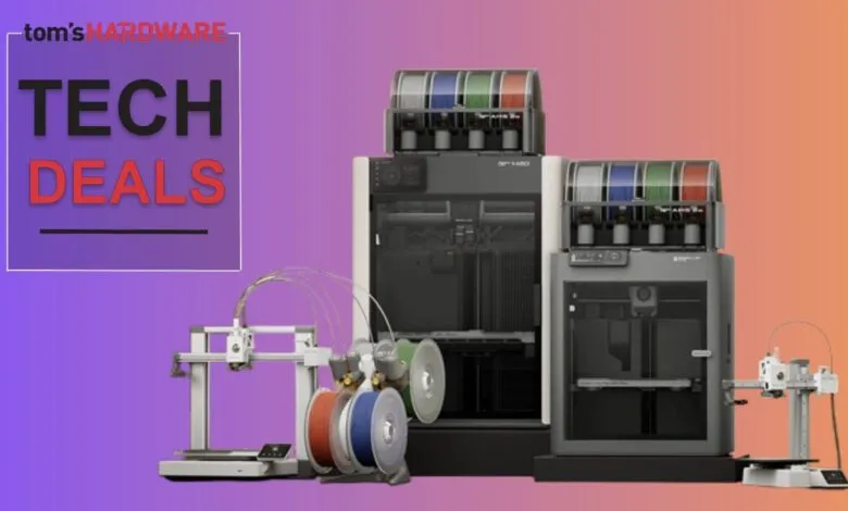 3D printers and filament spools featured in a tech deals promotion.