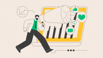 Cartoon man with megaphone promoting growth and engagement online.