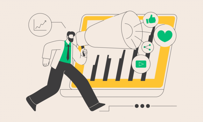 Cartoon man with megaphone promoting growth and engagement online.