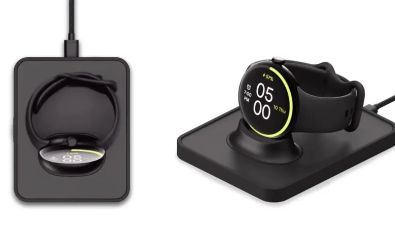 Two Pixel Watches charging on their respective wireless charging docks.