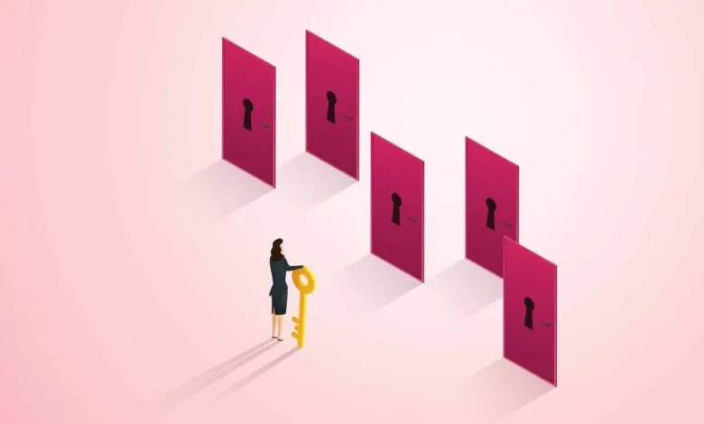 Woman with key faces multiple doors, symbolizing choices and opportunities.