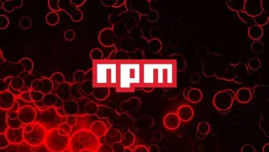 NPM logo in red and white on a dark background with red circles.