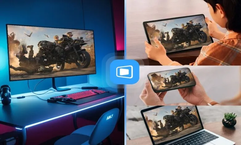 Gaming setup with monitor, tablet, phone, and laptop displaying action scene.