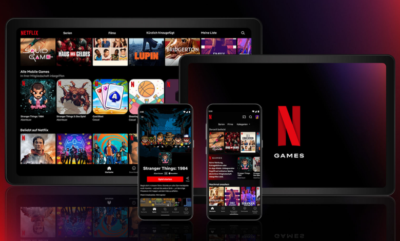Netflix app displayed on tablets and phones, showcasing movies, series, and mobile games.