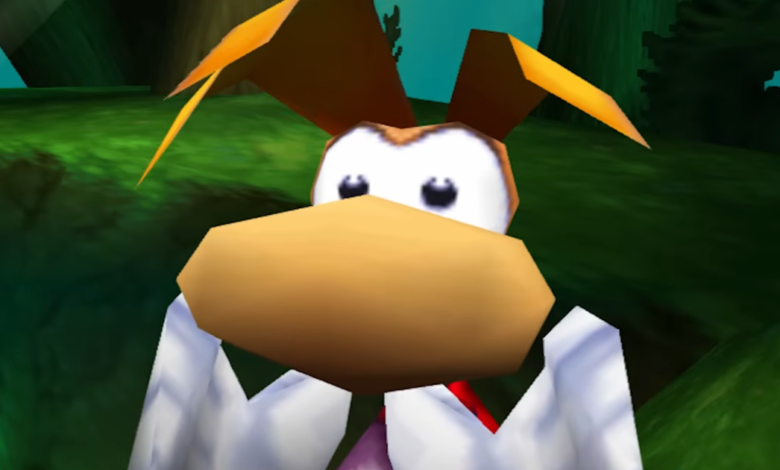 Close-up of Rayman's face in a 3D video game environment.