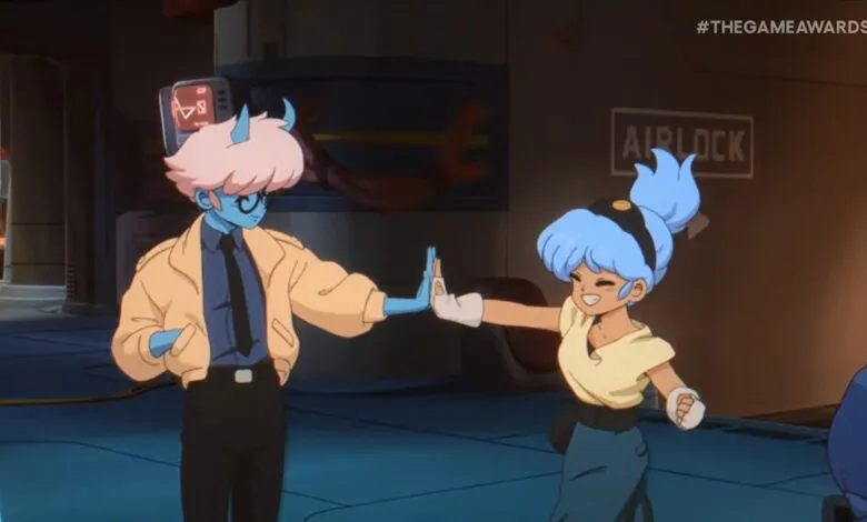 Animated characters with blue skin high-fiving in a futuristic setting.