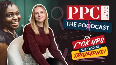 Two women smiling in a podcast graphic with PPC Live logo and search bar.