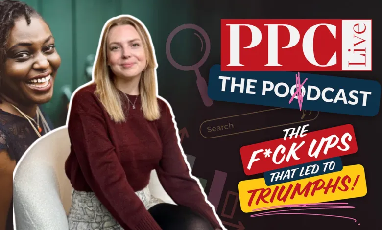 Two women smiling in a podcast graphic with PPC Live logo and search bar.