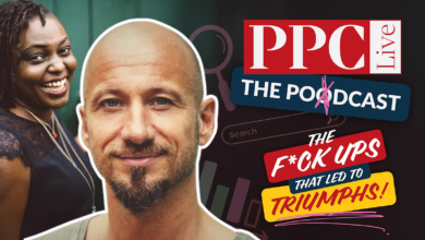 Podcast graphic featuring two people and PPC Live branding.