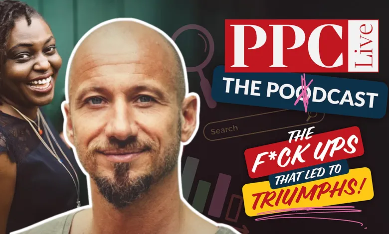 Podcast graphic featuring two people and PPC Live branding.