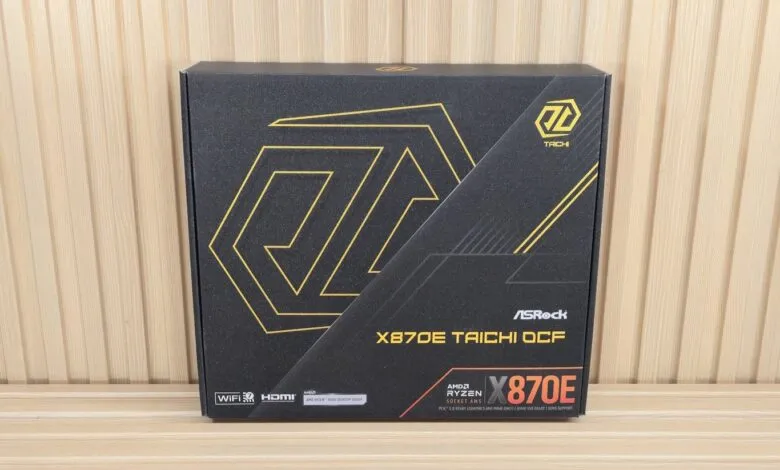 ASRock X870E Taichi OCF motherboard box, black with gold accents.