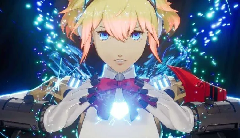 Aigis from Persona 3 Reload, blonde hair, blue eyes, robotic arms, and a determined expression.