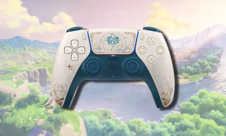 Custom PlayStation 5 controller with Genshin Impact design.