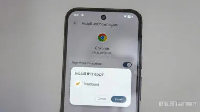Android phone displays 'Install unknown apps' screen with Chrome and Breadboard app installation prompt.