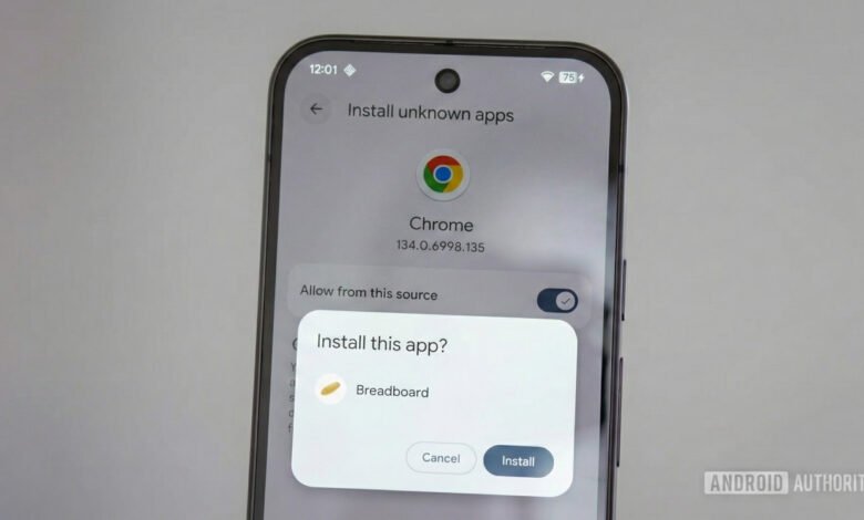 Android phone displays 'Install unknown apps' screen with Chrome and Breadboard app installation prompt.