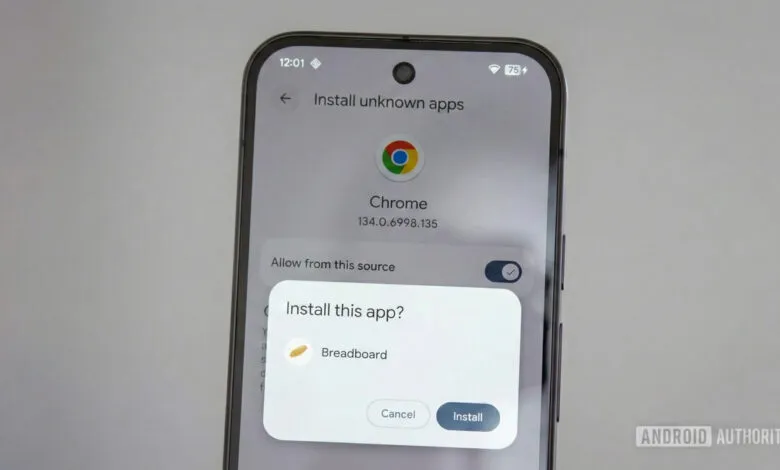 Android phone displays 'Install unknown apps' screen with Chrome and Breadboard app installation prompt.