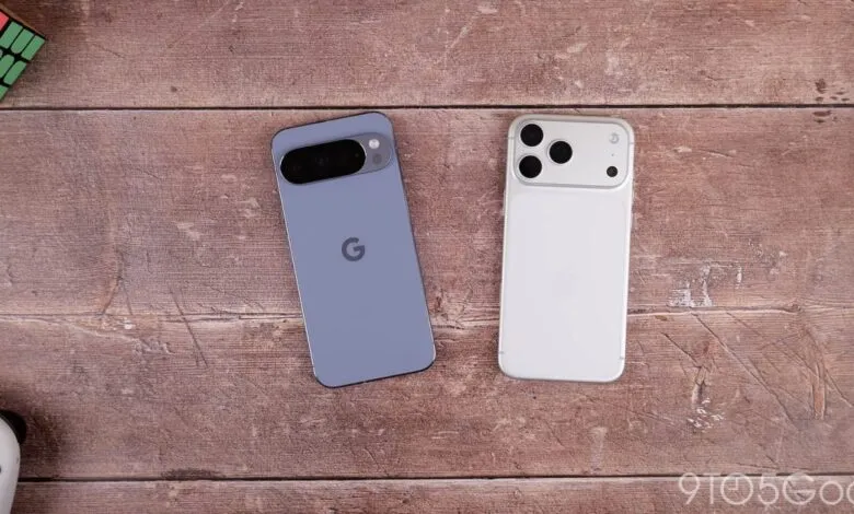 Google Pixel and iPhone mockups on a wooden surface.