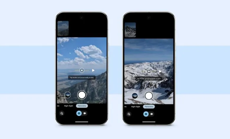 Two smartphones display panorama camera mode with mountain landscapes.