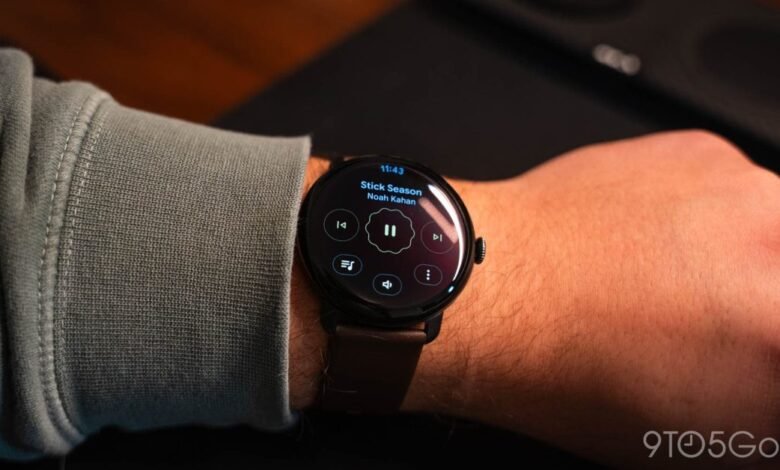 Pixel Watch on wrist displaying media controls for 'Stick Season' by Noah Kahan.