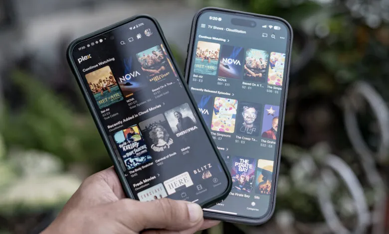 Two smartphones displaying the Plex app interface side-by-side.