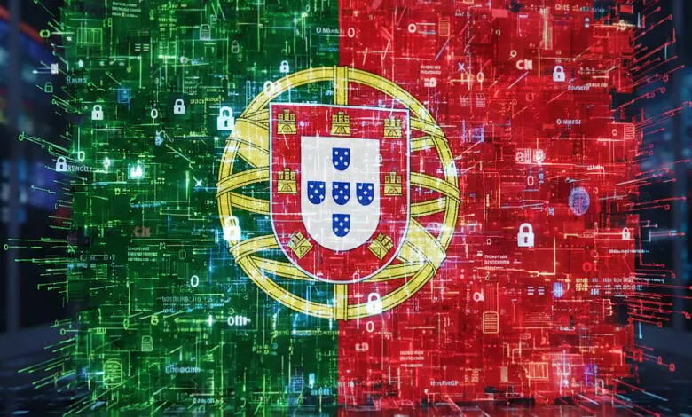 Digital rendering of the Portuguese flag with circuit board and security lock icons.
