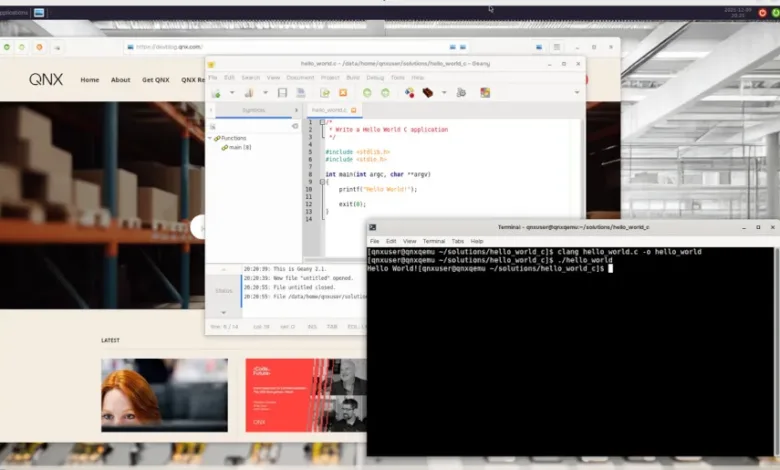 QNX development environment showing code, website, and terminal windows.