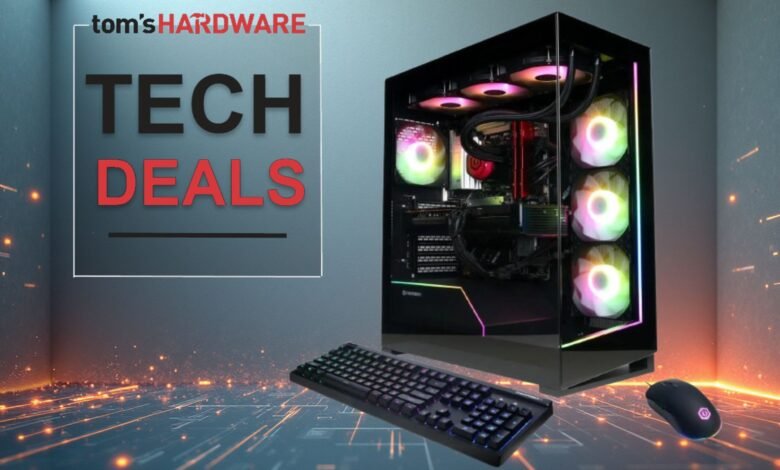 Gaming PC, keyboard, and mouse on a futuristic background for tech deals.