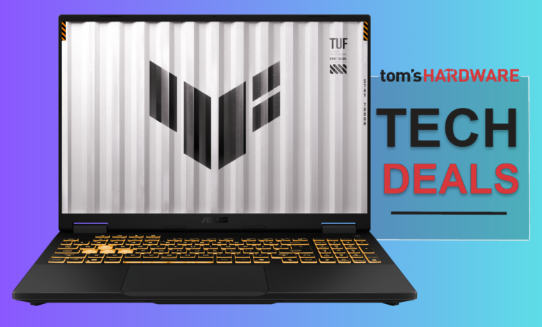 ASUS TUF Gaming laptop with illuminated keyboard and 'Tech Deals' graphic.