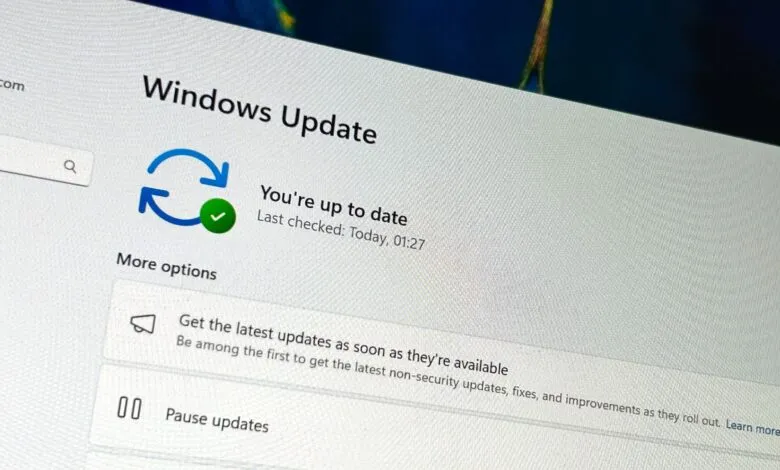 Windows Update screen showing 'You're up to date' with a green checkmark.