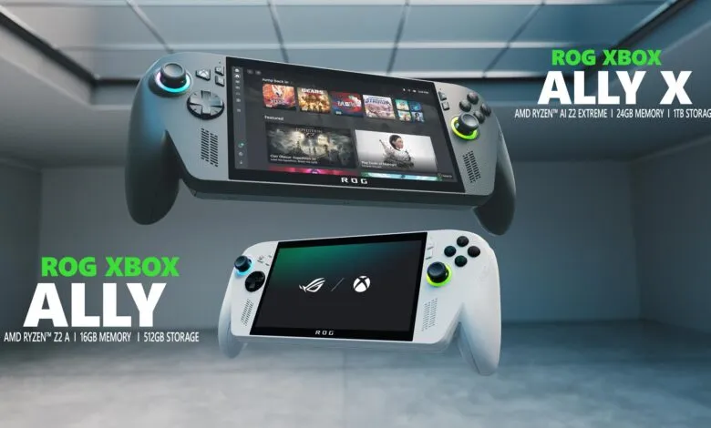 Two ROG Ally handheld gaming consoles, one gray and one white, floating in a gray room.