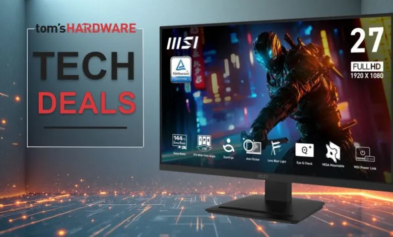 MSI 27-inch Full HD monitor display with tech deals advertisement.