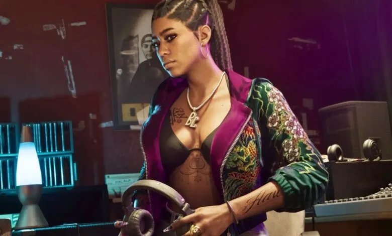 Confident woman with braids holds headphones in a music studio setting.