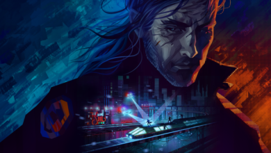 Stylized digital art of a man overlooking a futuristic cityscape with figures on a train.