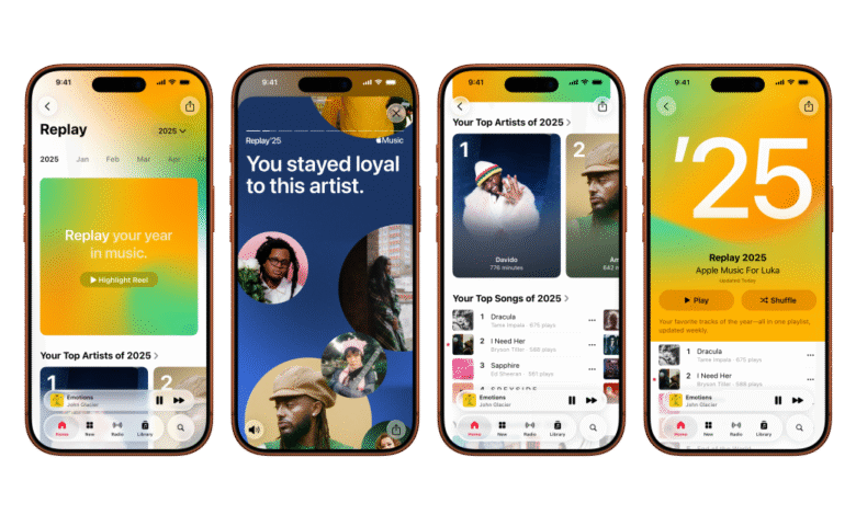 Apple Music Replay 2025 screens showing top artists and songs of the year.