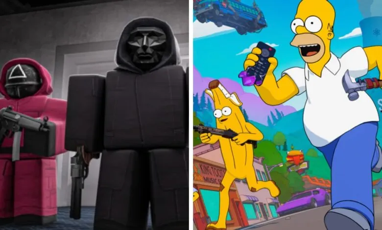 Split image: Roblox Squid Game characters and Fortnite/Simpsons mashup.
