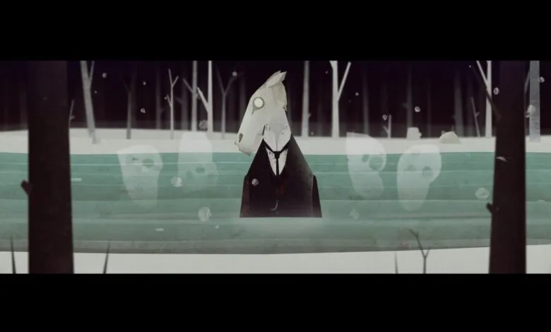 Stylized image of a horse-headed figure in a suit standing in water.