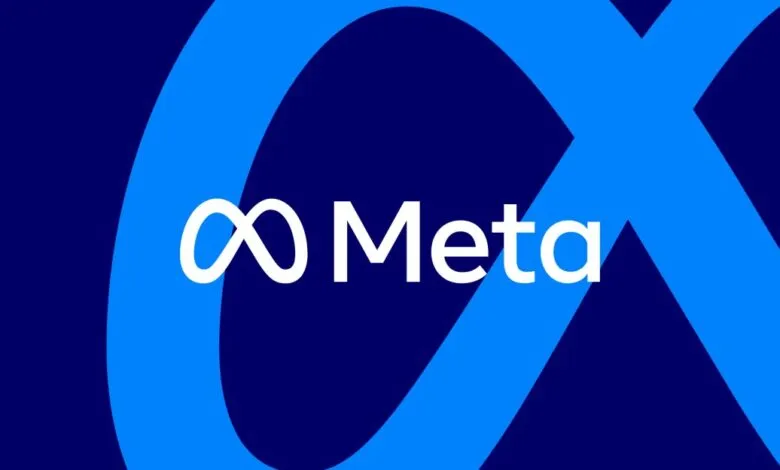 Meta logo: infinity symbol and wordmark on blue background.
