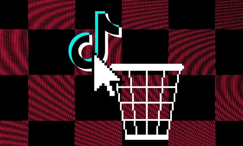 TikTok logo being deleted into a pixelated trash bin icon.