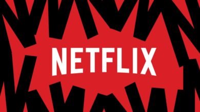 Netflix logo in white on red background with black jagged shapes.