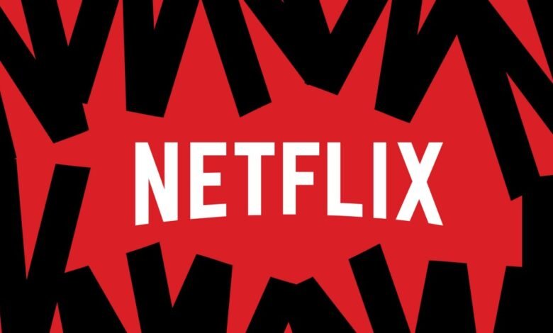 Netflix logo in white on red background with black jagged shapes.