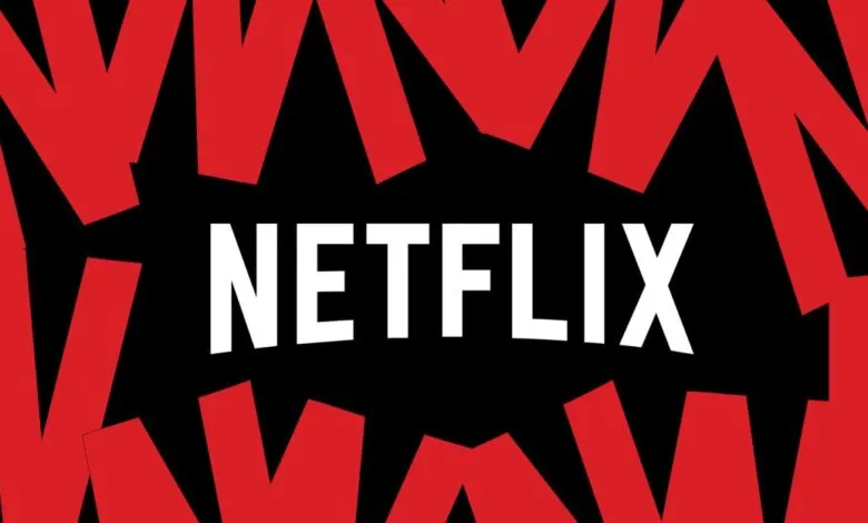 Netflix logo in white with red abstract shapes on a black background.