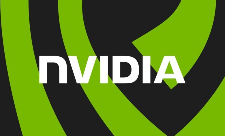 NVIDIA logo in white against green and black abstract background.