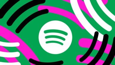 Spotify logo on green background with black, pink, and white curved lines.