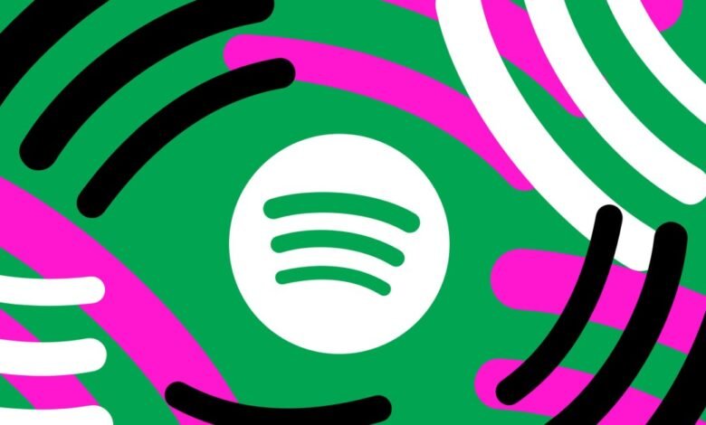 Spotify logo on green background with black, pink, and white curved lines.